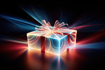 Magic gift box on a bright background with sparkles and bokeh. gift box for new year and christmasの素材