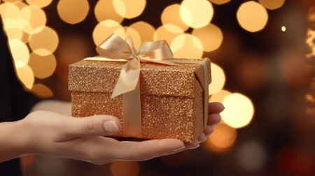 Close-up of woman's hands holding a gift box. Christmas, year week, birthday concept. Festive background with bokeh and sunlight. Shallow depth of field with emphasis on the boxの素材
