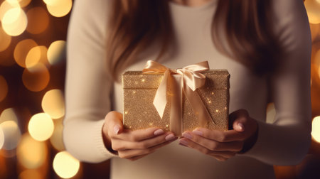 Close-up of woman's hands holding a gift box. Christmas, year week, birthday concept. Festive background with bokeh and sunlight. Shallow depth of field with emphasis on the boxの素材