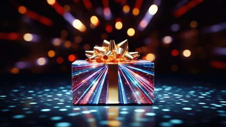 Magic gift box on a bright background with sparkles and bokeh. gift box for new year and christmasの素材