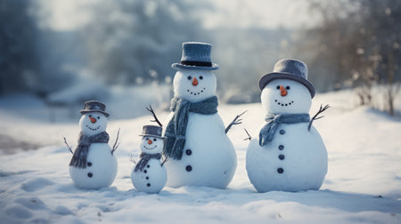 Family of snowmen on a winter background. Christmas background, funny snowmen on the snow.の素材