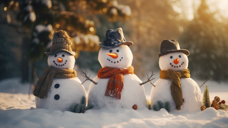 Family of snowmen on a winter background. Christmas background, funny snowmen on the snow.の素材
