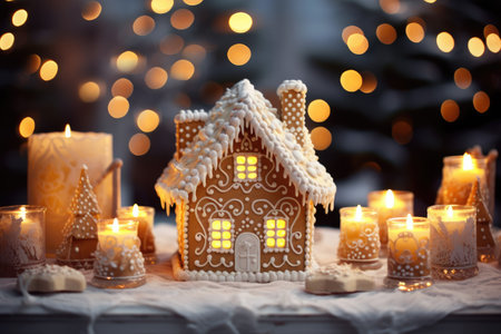 A small gingerbread house with icing sits on a table with a tablecloth and decorations, candles and lanterns. Living room with lights and Christmas tree.の素材