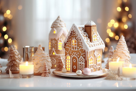 A small gingerbread house with icing sits on a table with a tablecloth and decorations, candles and lanterns. Living room with lights and Christmas tree.の素材