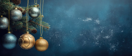 Christmas balls and snowflakes on an abstract blue background. Christmas balls on the snow. bannerの素材