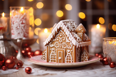 A small gingerbread house with icing sits on a table with a tablecloth and decorations, candles and lanterns. Living room with lights and Christmas tree.の素材
