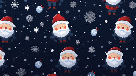 Cute winter Christmas pattern of Santa Claus in cartoon style in vector. Winter interior design, poster printing, greeting cards,の素材