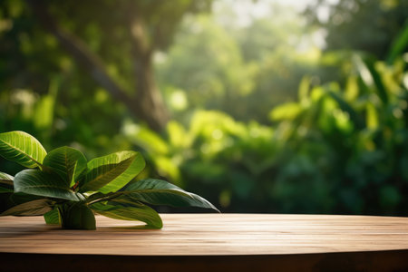 empty wooden tabletop podium in garden open forest, blurred green plants background with space. organic product presents natural placement pedestal display, spring and summer concept.の素材