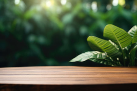 empty wooden tabletop podium in garden open forest, blurred green plants background with space. organic product presents natural placement pedestal display, spring and summer concept.の素材