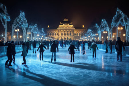 people skate on the skating rink in the winter evening. beautiful view of the skating rink with lights.. High quality photoの素材