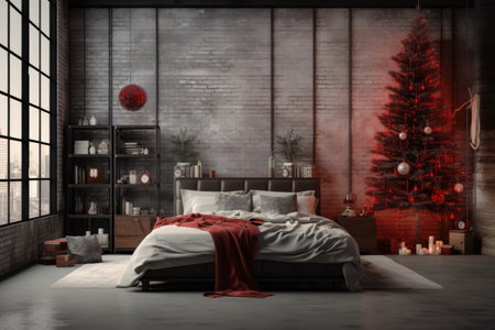 The unusual dark interior of the loft-style living room is decorated with a Christmas tree with red balls. interior in red and gray style.の素材