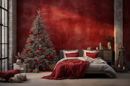 The unusual dark interior of the loft-style living room is decorated with a Christmas tree with red balls. interior in red and gray style.の素材
