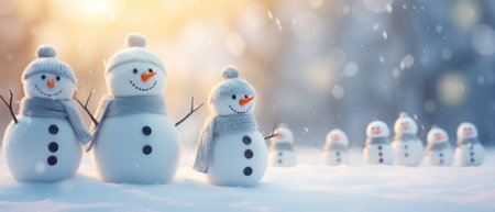 Family of snowmen on a winter background. Christmas background, funny snowmen on the snow.bannerの素材