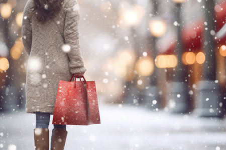 Rear view of a woman in a coat and scarf with shopping bags on the street in winter in the city.の素材