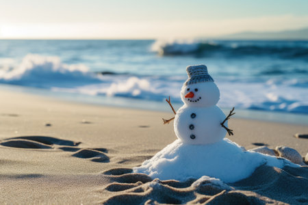Snowman made of sand on the beach. Festive concept can be used for New Year and Christmas cards.の素材