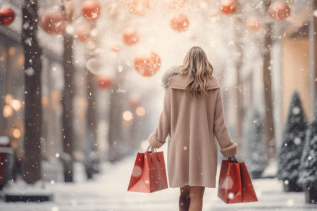 Rear view of a woman in a coat and scarf with shopping bags on the street in winter in the city.の素材
