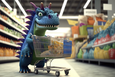 funny dinosaur with a shopping cart in the store.の素材