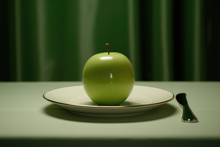 Green apple on a plate on a green background. healthy eatingの素材