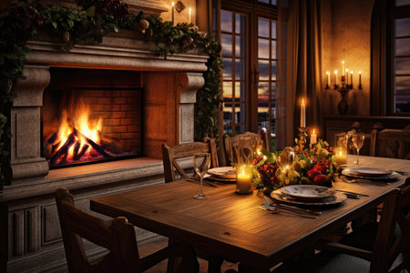 christmas decorated dining table. Christmas food. Merry Christmas. Family dinner during the Christmas holidays.の素材