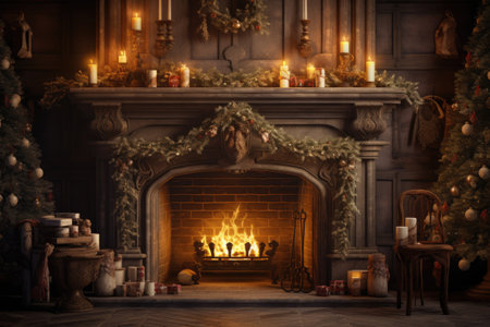 Inner Christmas. Magic glowing tree, fireplace and giftsの素材