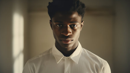 Close up portrait of a handsome serious African man with healthy clean skin in a white shirt posing on a wall with sun raysの素材