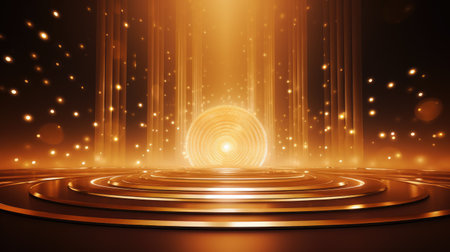 Golden podium for product presentation vector illustration. Abstract empty golden platform with rays, shiny confetti, sparkling rain falling from above backgroundの素材