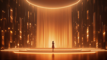 Golden podium for product presentation vector illustration. Abstract empty golden platform with rays, shiny confetti, sparkling rain falling from above backgroundの素材