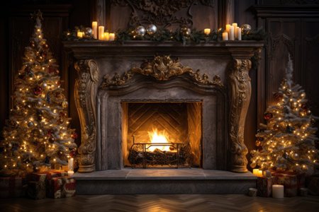 Inner Christmas. Magic glowing tree, fireplace and giftsの素材
