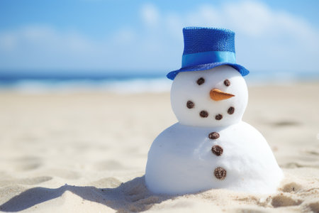 Snowman made of sand on the beach. Festive concept can be used for New Year and Christmas cards.の素材