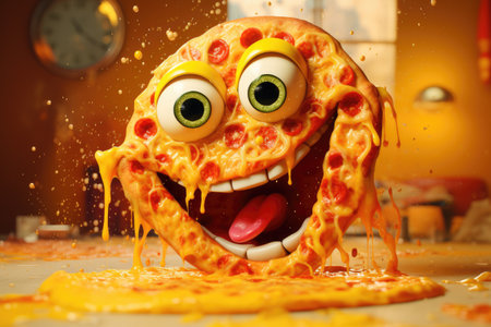 Funny Pizza Slice cartoon character.cheerful slice of pizza with eyesの素材