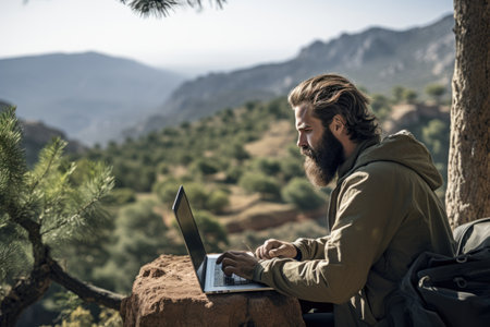 portrait of a digital nomad sitting on a hilltop working with his laptopの素材