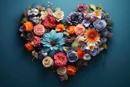flowers laid out in the shape of a heart on a turquoise background.の素材