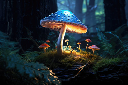 Mystical fly agarics glow in a mysterious dark forest. Fairytale background for Halloween.の素材