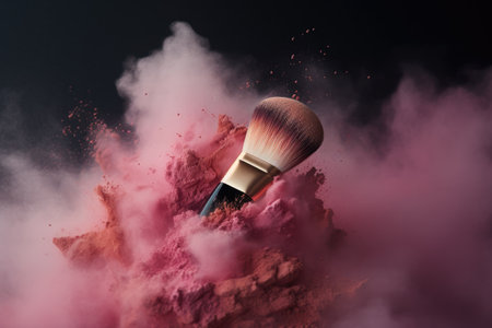 A pink and light brown powder makeup brush applies powder to create a colorful cloud.の素材