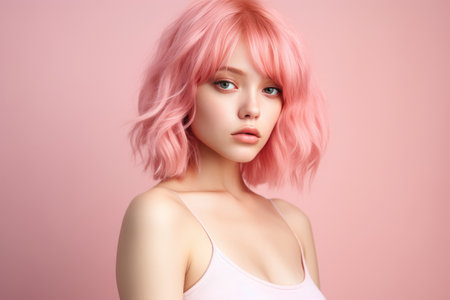 portrait of a caucasian woman with long pink hair looking happily at the cameraの素材