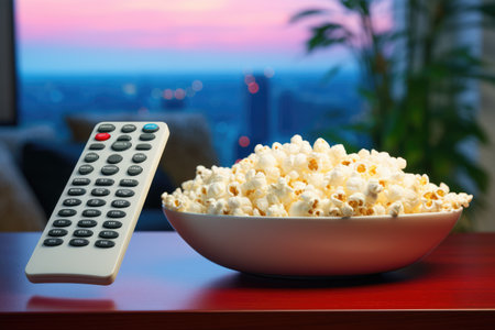 White salted popcorn for watching a movie on TV at home. popcorn and TV remote control.の素材