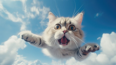 Funny cat flying in the airの素材