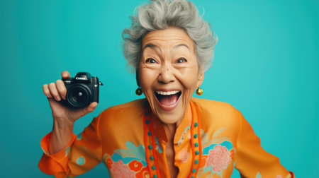 Portrait of an attractive cheerful gray-haired woman having fun, isolated on a bright turquoise background with a cameraの素材