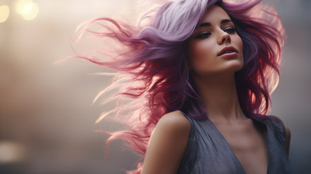 portrait of a caucasian woman with long pink hair looking happily at the cameraの素材