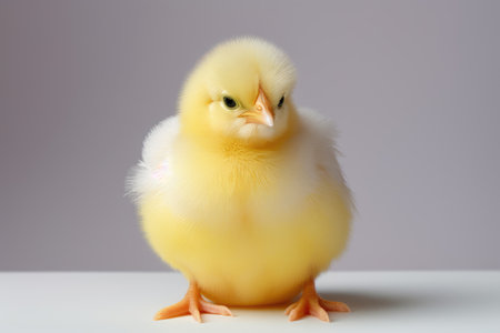 Cute little chick crawling out of a white egg isolated on a studio dark background. Easterの素材