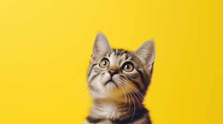the cat looks up on a yellow background, front view. Cute young cat looks greatの素材