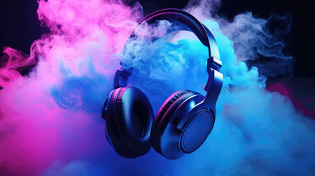 Modern high quality wireless headphones in colored smoke on a black background. neon fashion style.の素材