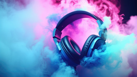 Modern high quality wireless headphones in colored smoke on a black background. neon fashion style.の素材