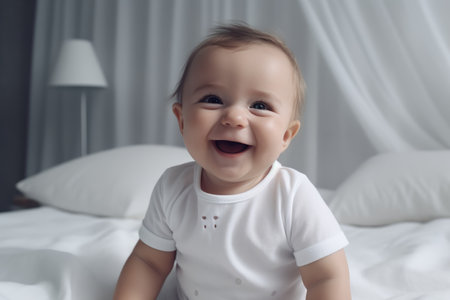 happy little baby 5-9 months old in a bodysuit sits on a bed on a white bed linen, smiling. The concept of children's products.. generative AIの素材