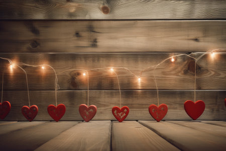 Valentine background with sewed pillow hearts row border on red clothespins at rustic white wood planks. Happy lovers day card mockup, copy spaceの素材