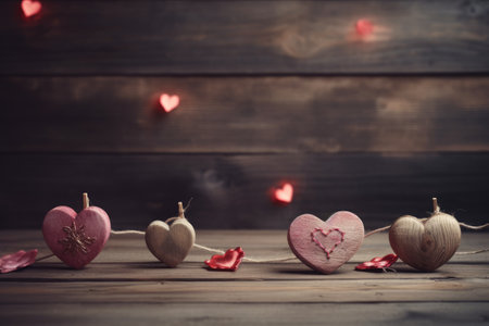 Valentine background with sewed pillow hearts row border on red clothespins at rustic white wood planks. Happy lovers day card mockup, copy spaceの素材
