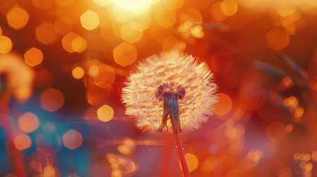 Dandelion seeds fly against the background of the sunset sky.の素材
