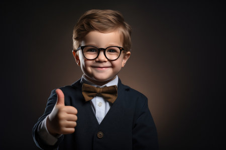 boy, schoolboy, in a business suit shows thumbs up with a smile on his face on a dark studio background.の素材
