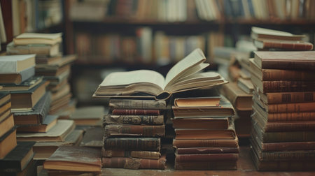 Open magic book with magic light on vintage background. open book on the background of an old library.の素材