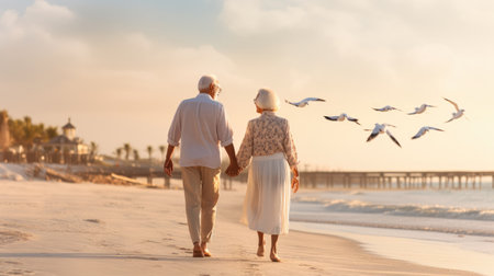 an elderly couple enjoying a beach holiday. elderly couple walking and having fun on the shoreの素材